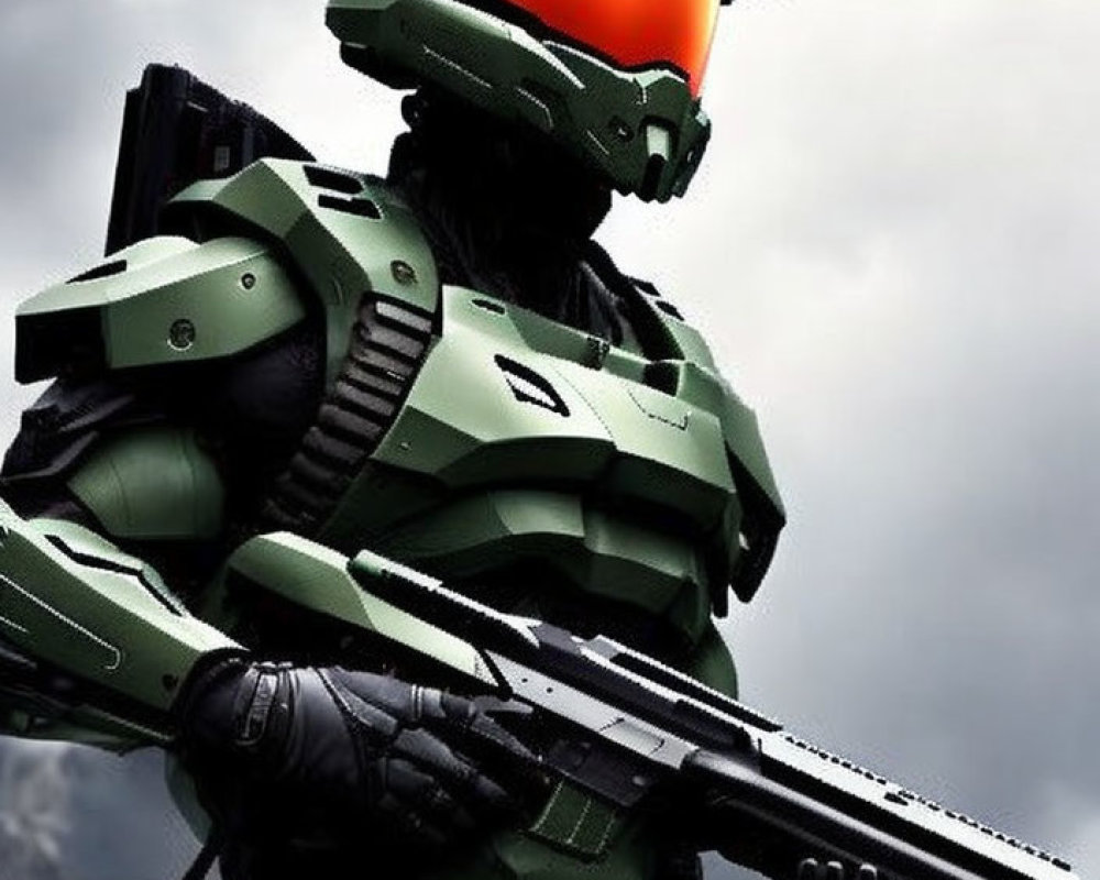 Futuristic soldier in green armor with visor helmet holding rifle against cloudy sky