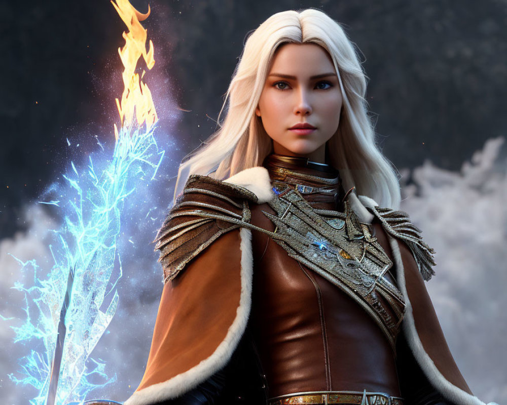 Fantasy female warrior digital art portrait with white hair and fiery sword.