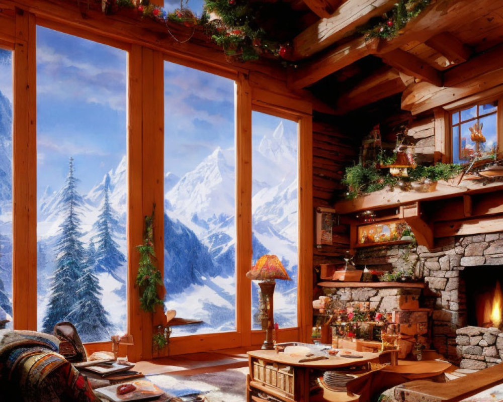 Inviting Mountain Cabin Interior with Fireplace & Snowy Peaks View