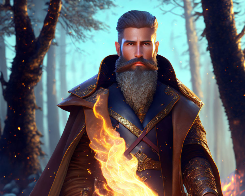 Bearded man in fantasy setting with flame-infused beard and elaborate outfit among trees