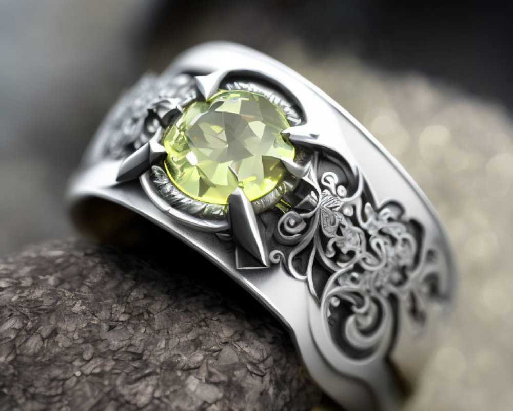 Silver ring with green gemstone, filigree patterns, black stones