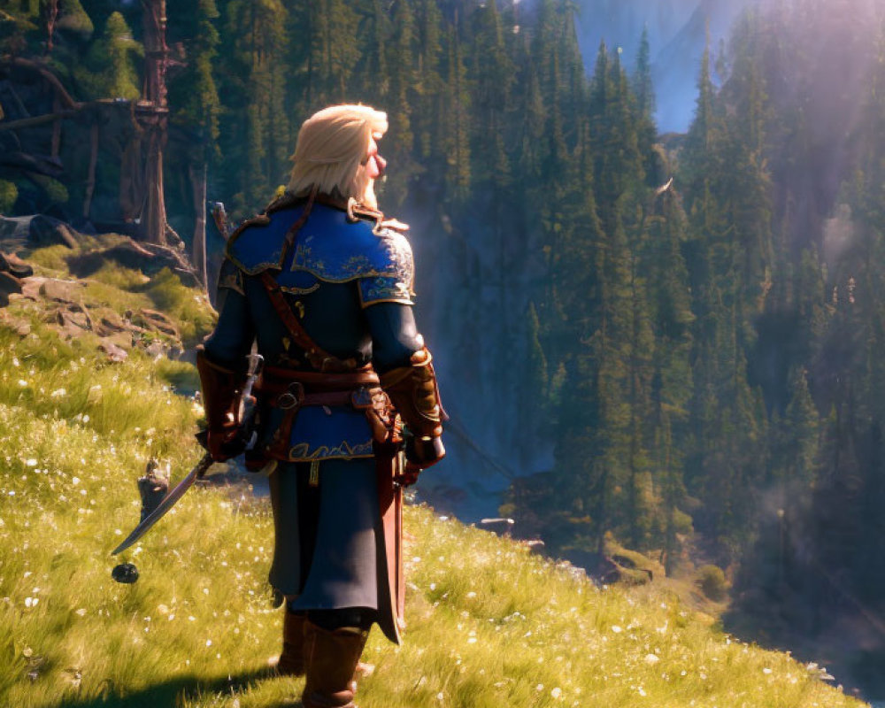 Blond male warrior in blue and brown medieval attire in serene forest scenery