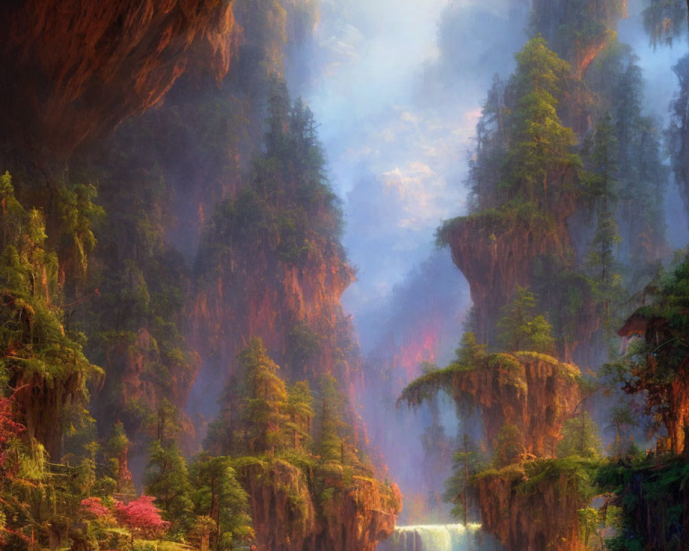 Mystical forest with towering cliffs, waterfall, and foggy landscape