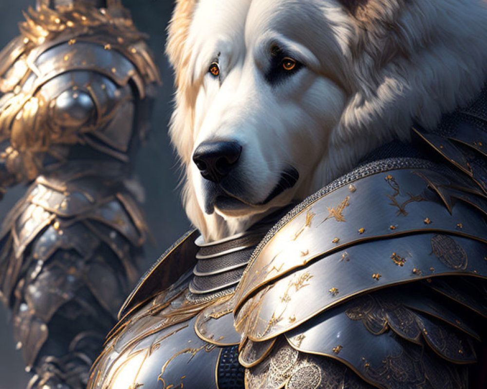 White Dog and Armored Knight in Medieval Style Armor Side by Side