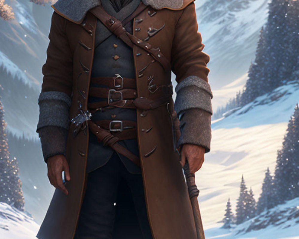 Bearded man in winter coat with staff in snowy mountain landscape