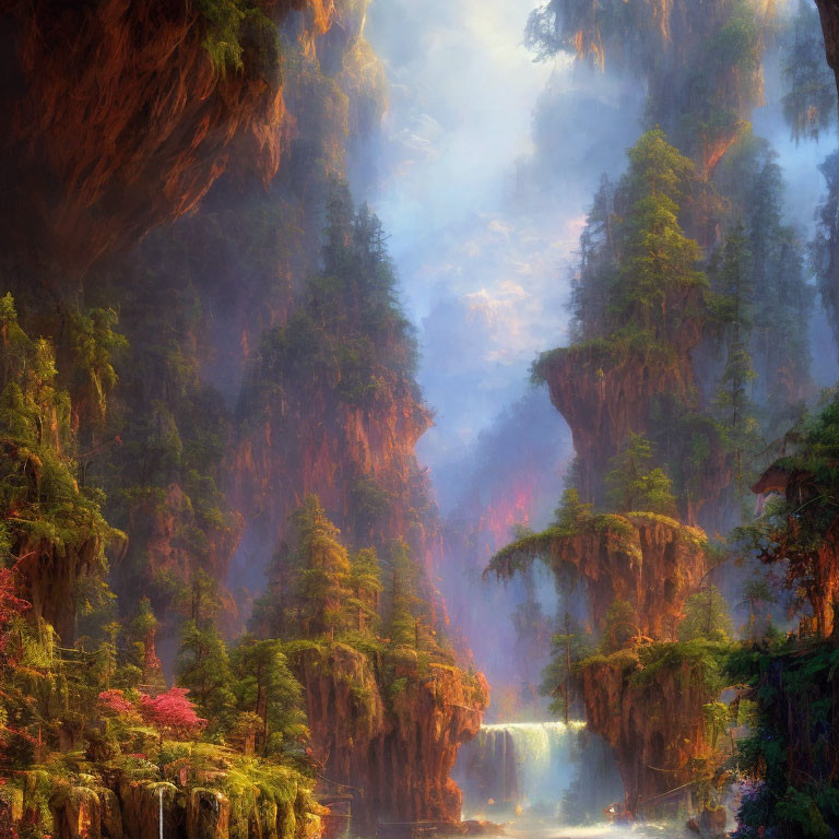 Mystical forest with towering cliffs, waterfall, and foggy landscape