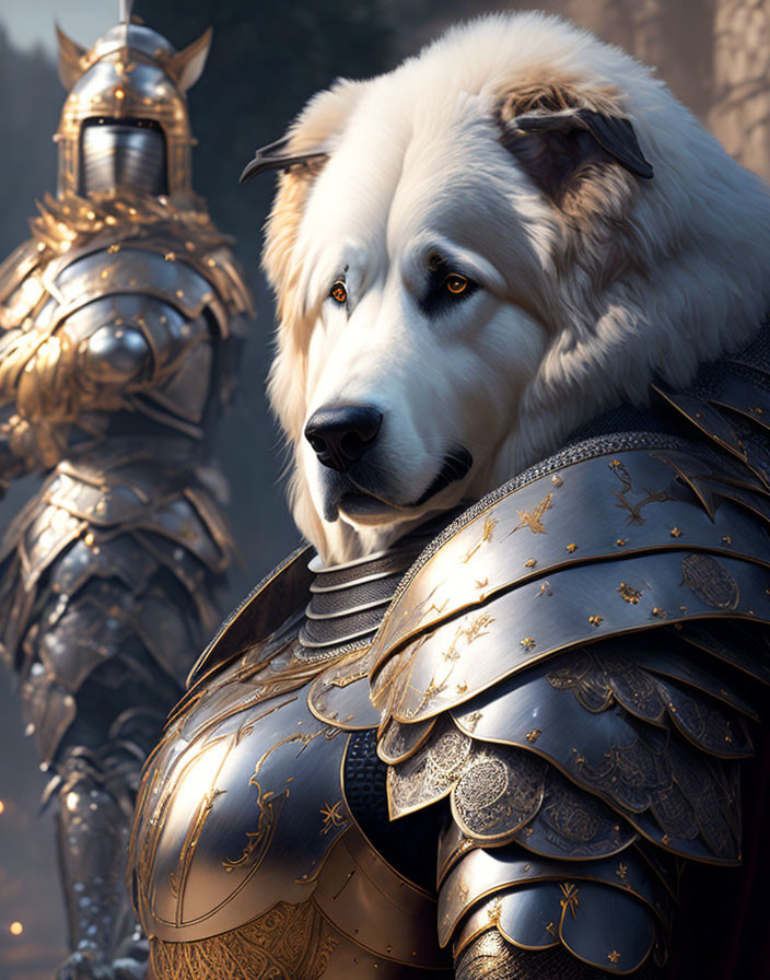 White Dog and Armored Knight in Medieval Style Armor Side by Side