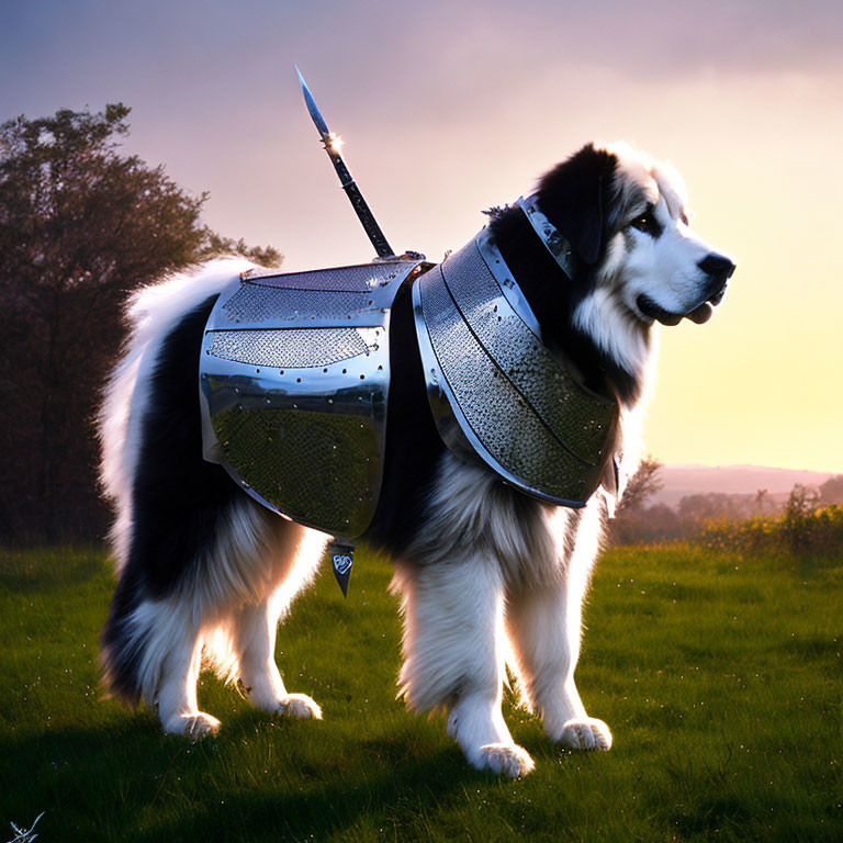 Dog in armor at sunset in field with warm glow