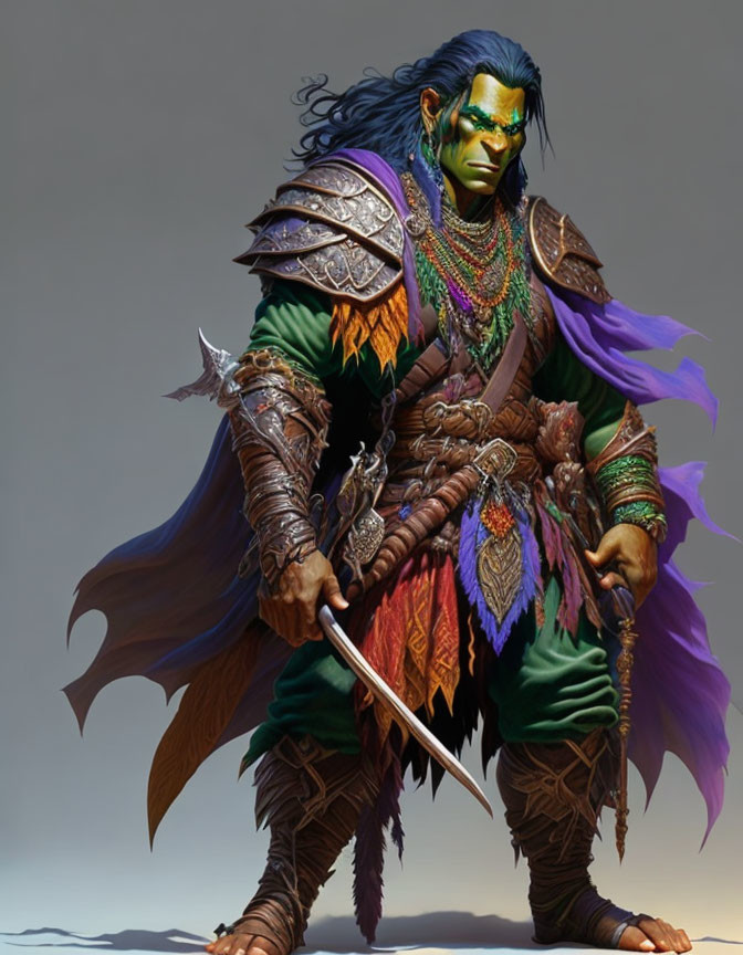 Fantasy orc warrior digital illustration with green skin and sword