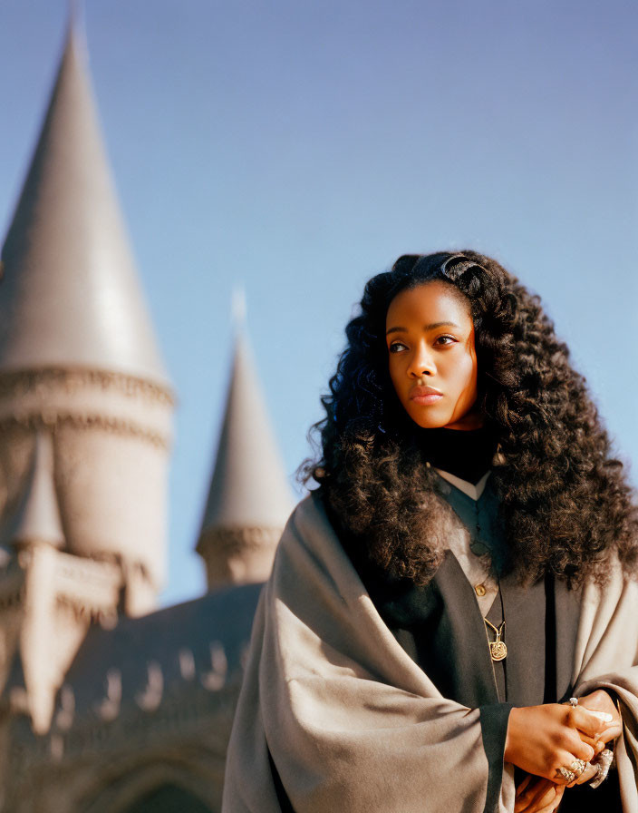 Wizarding robe-clad person in front of castle with spires under blue sky