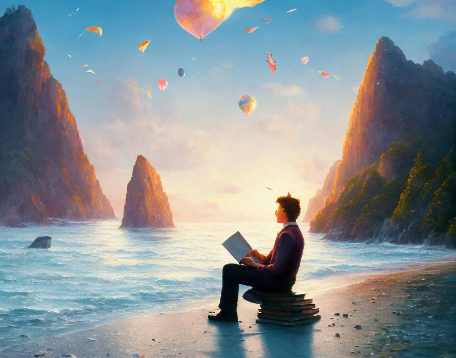 Person reading on books by sea with hot air balloons and comet-streaked sky