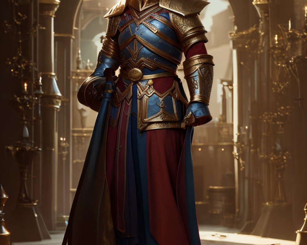 Regal Figure in Blue and Gold Armor in Grand Hall