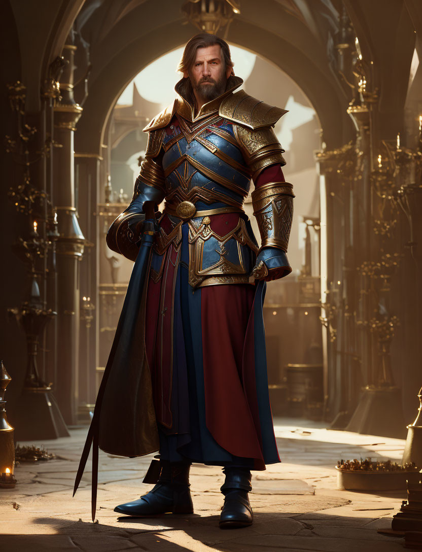 Regal Figure in Blue and Gold Armor in Grand Hall