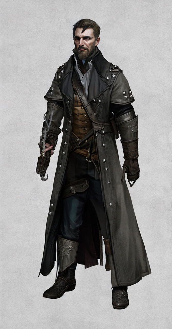 Bearded man in steampunk outfit with futuristic pistol