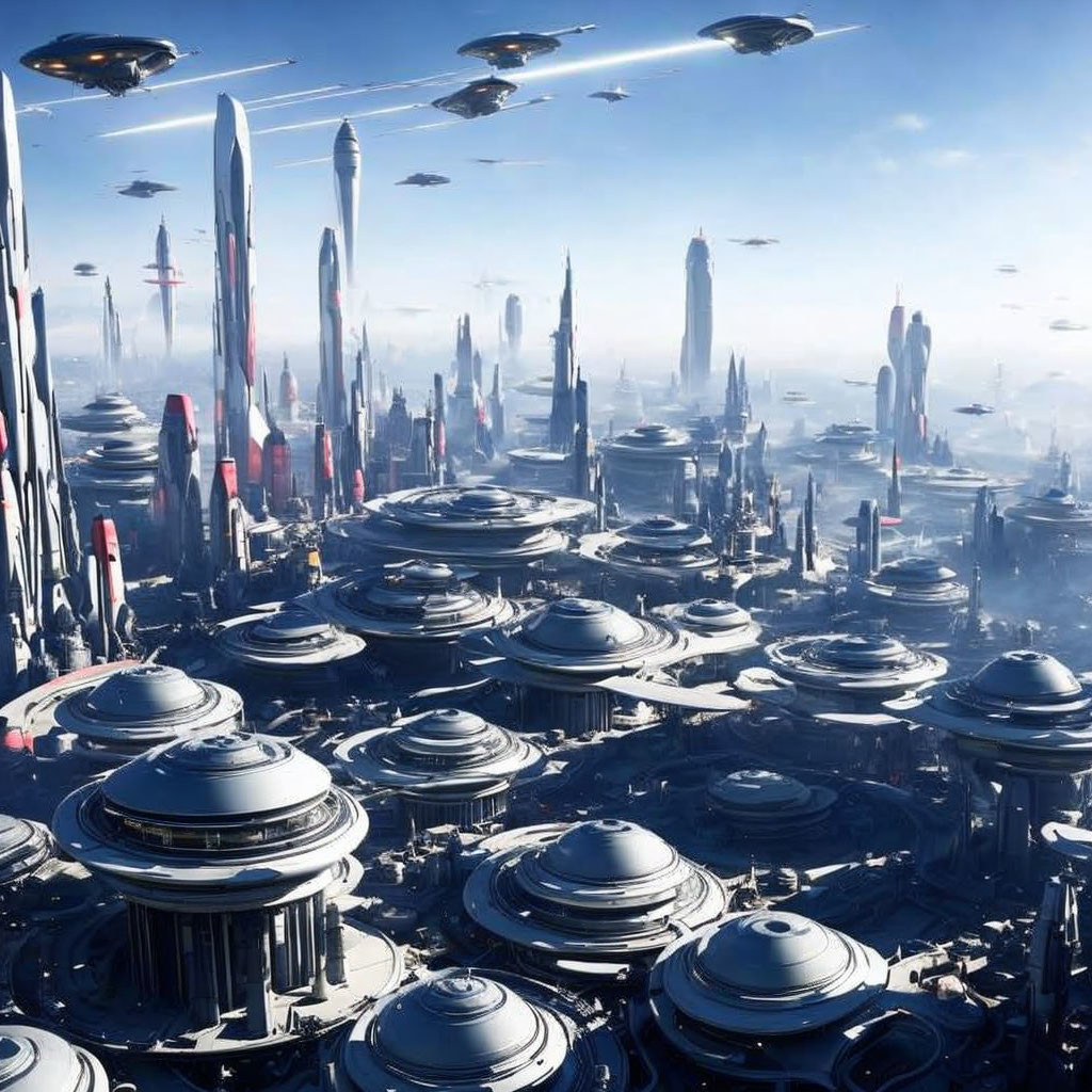 Futuristic cityscape with skyscrapers, flying vehicles, and dome-shaped buildings