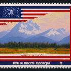 American flag border postage stamp with forest silhouette and Cyrillic text
