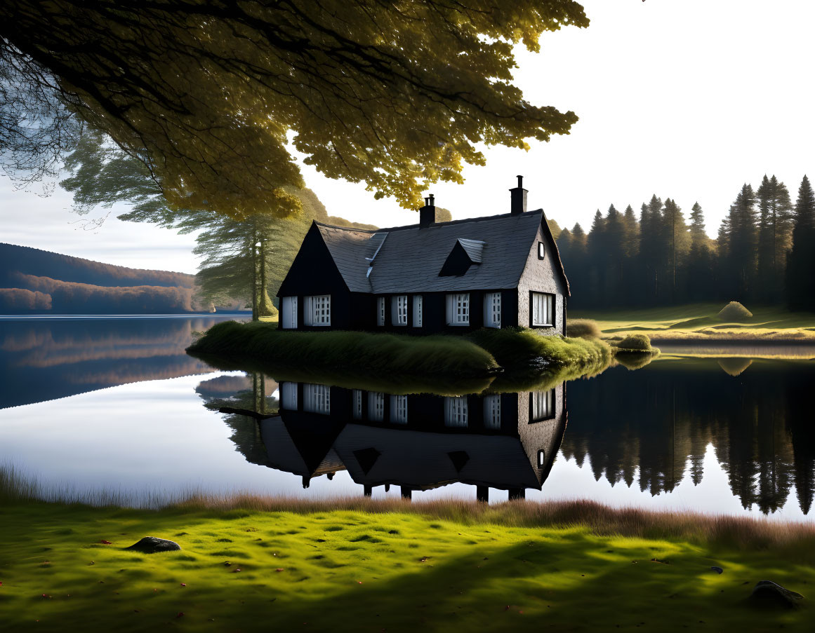 Tranquil Sunset Scene: Lone House on Grassy Peninsula by Forest Lake