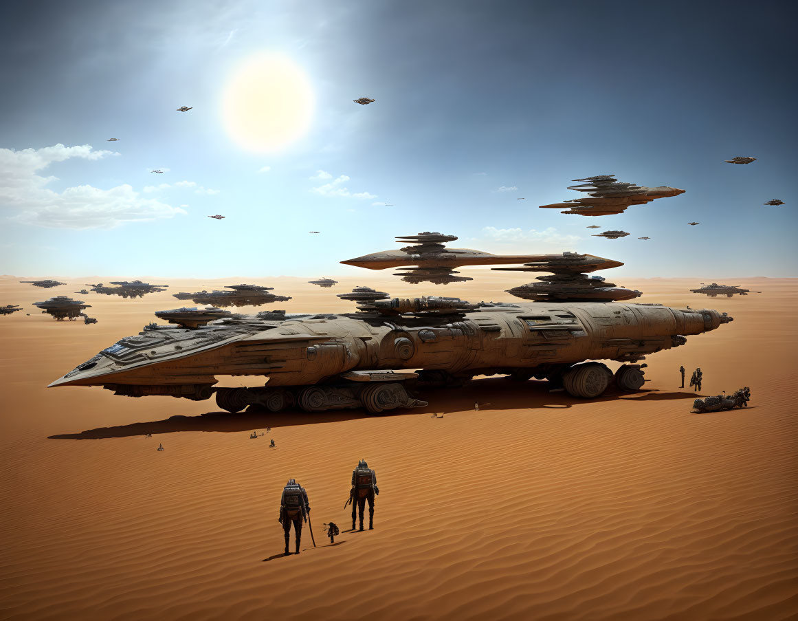 Futuristic spaceships over desert with people and droids gathering