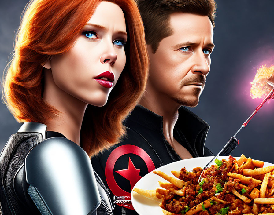 Superhero movie characters gaze at pasta dish with sparkler