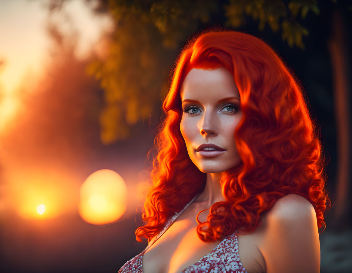 Vibrant red-haired woman against sunset backdrop with trees