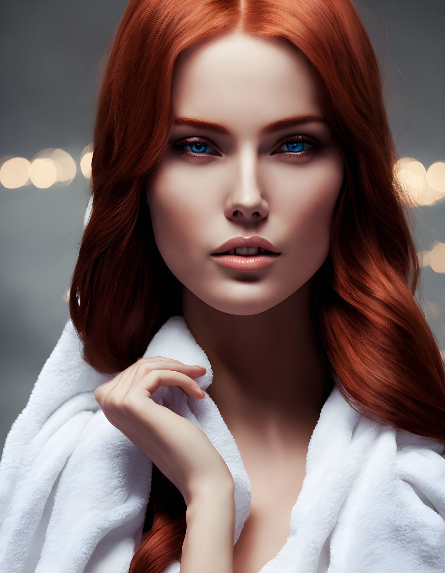 Woman with Blue Eyes and Red Hair in White Robe Poses Gracefully