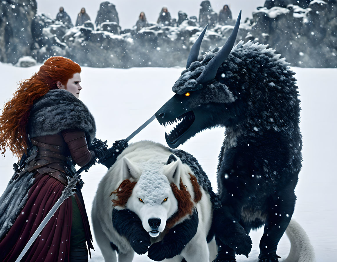 Red-Haired Warrior Woman Faces Black Dragon in Snowy Landscape
