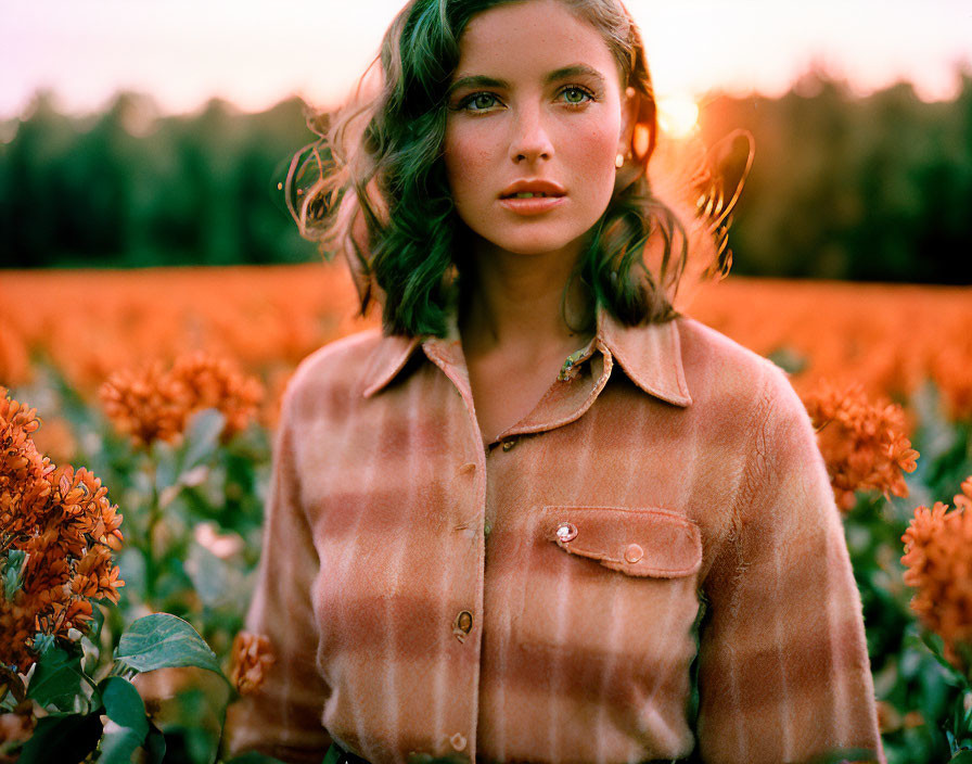 Woman in Plaid Shirt Surrounded by Orange Flowers at Sunset