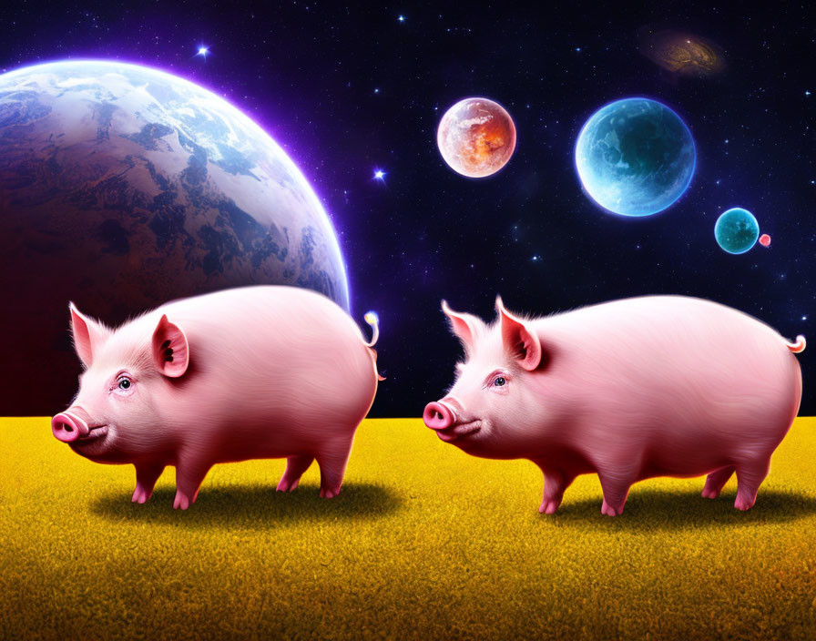 Cartoon pigs on yellow surface with cosmic background.
