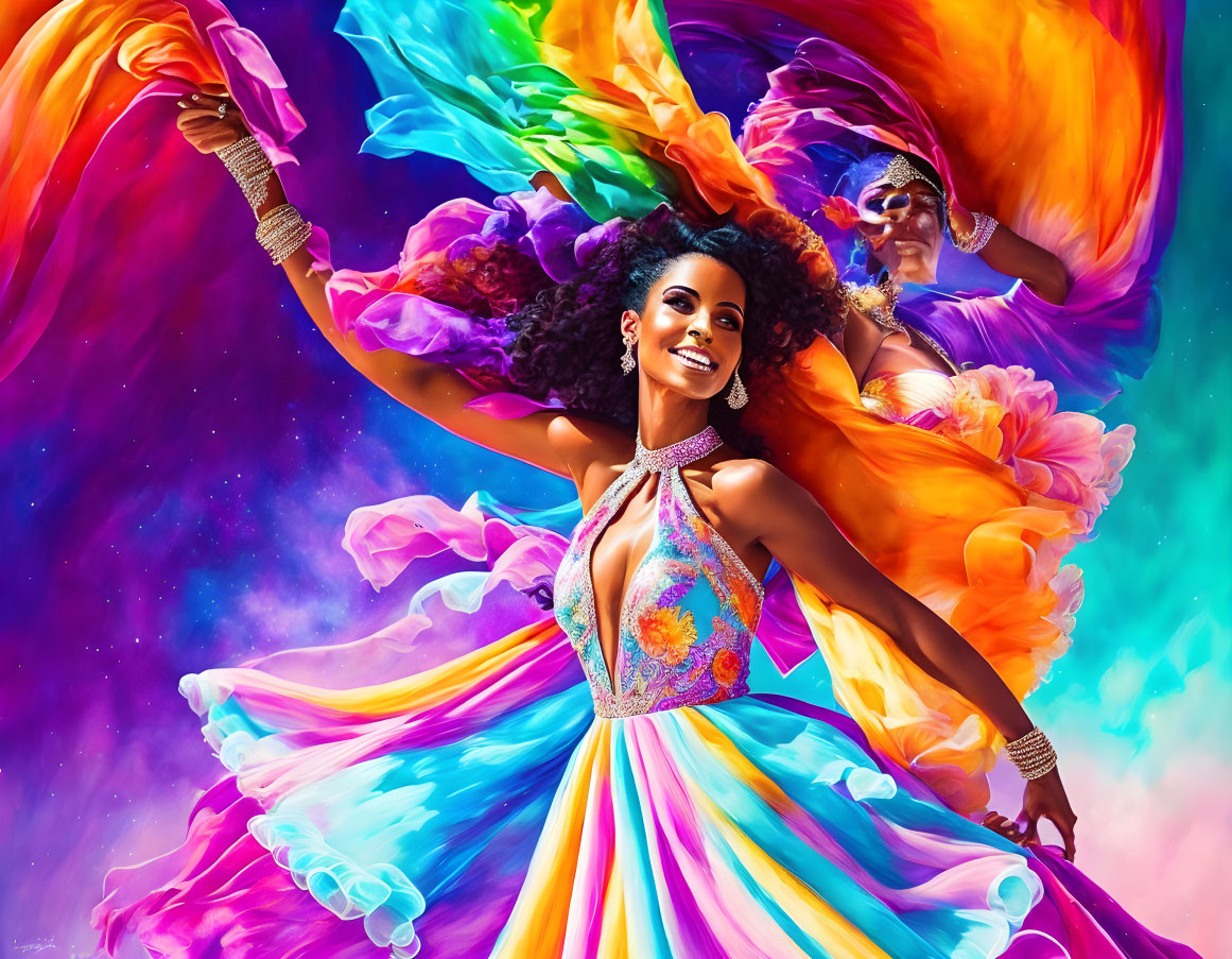 Colorful Artwork: Two Dancers in Vibrant Dresses on Cosmic Background