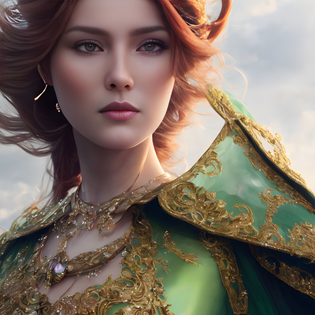 Regal woman in gold-embellished green cloak under cloudy sky