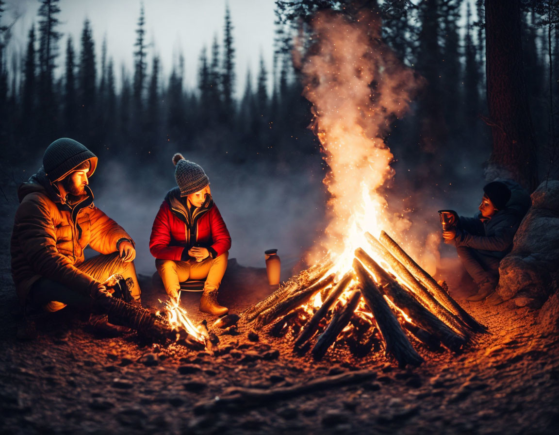 Three People Sitting by Campfire in Forest at Twilight