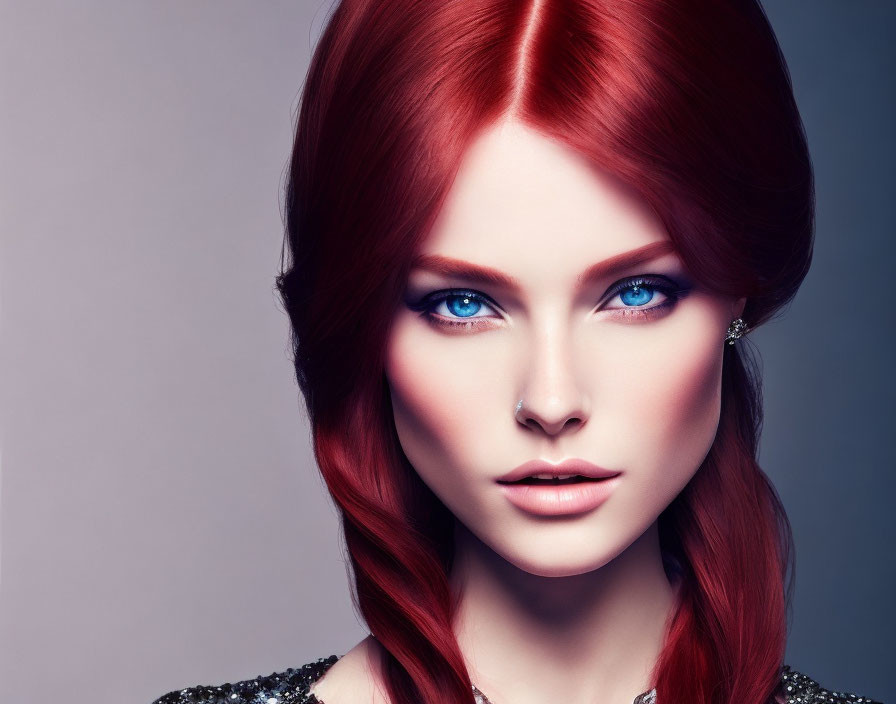 Bright red hair and blue eyes woman with sleek hair and subtle makeup on muted background