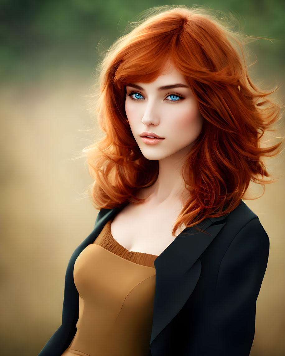 Vibrant digital portrait of woman with red hair and blue eyes in black blazer against natural backdrop