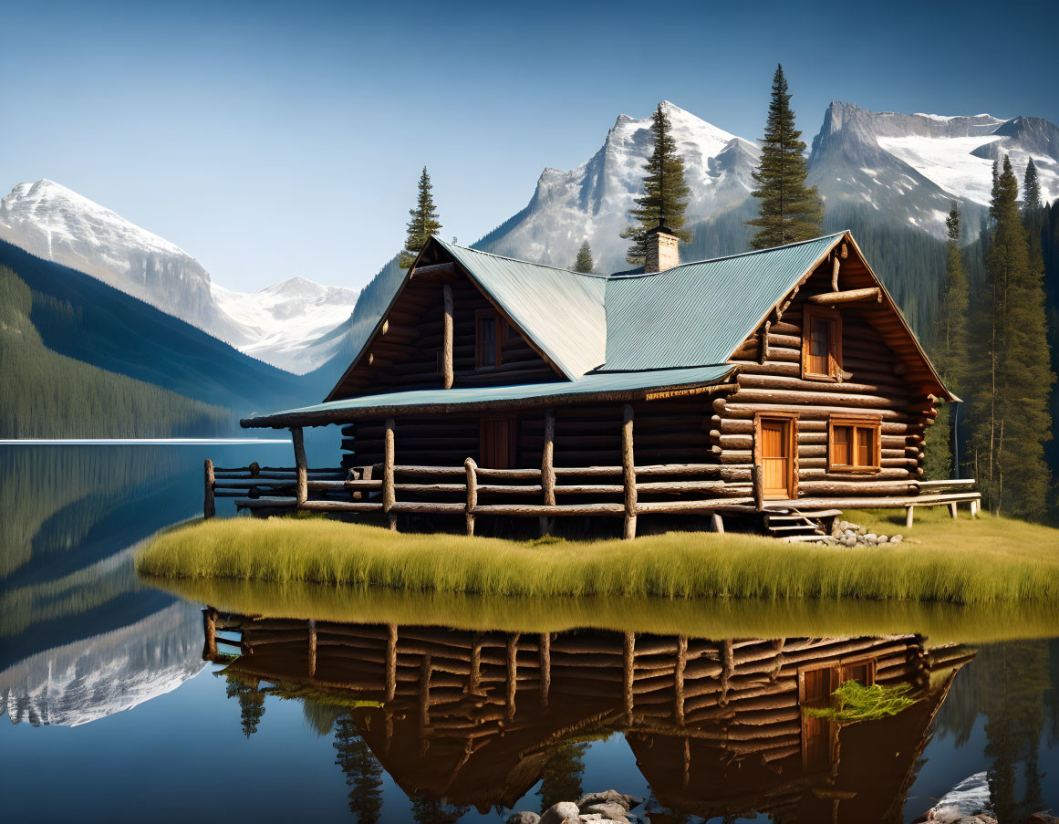 Rustic log cabin near serene lake, reflecting mountains and trees under clear sky