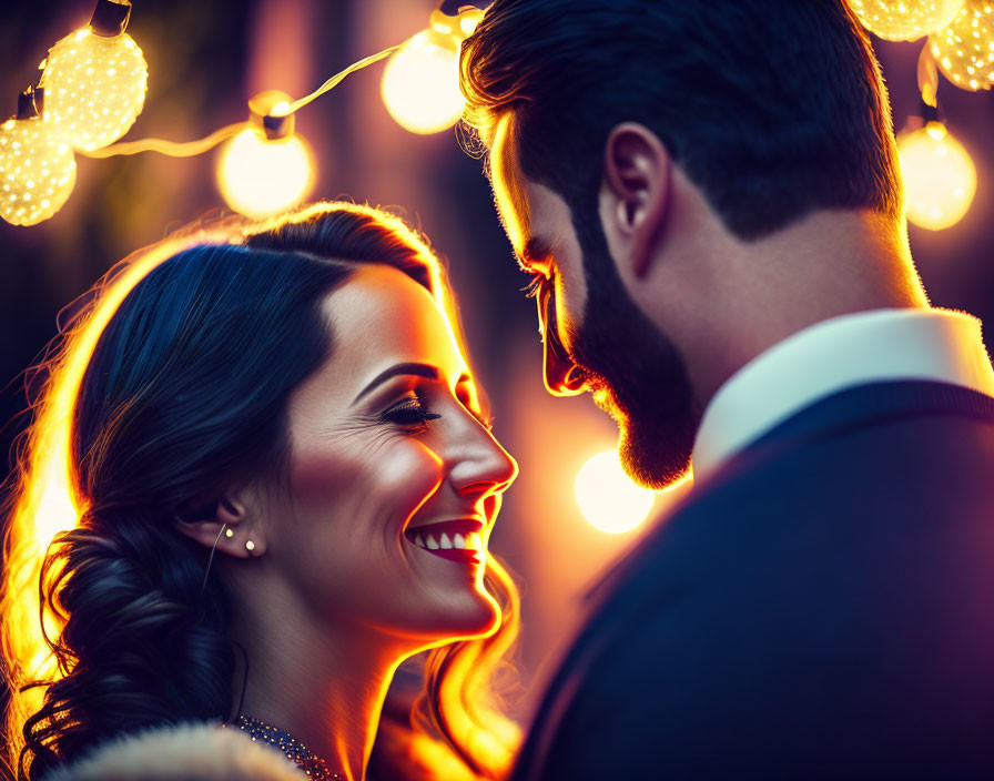Couple in Romantic Setting with Glowing Lights