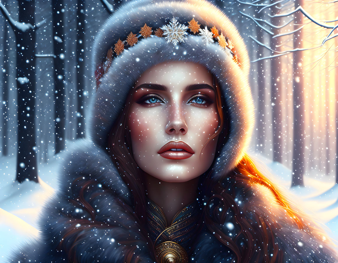 Woman in Winter Clothing Surrounded by Snowflakes in Snowy Forest