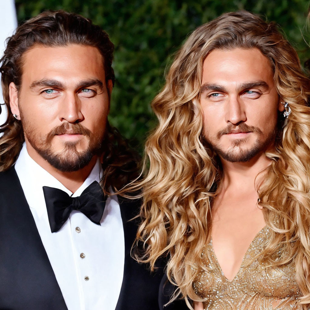 Two individuals with long wavy hair and strikingly similar features, one in a suit and the other