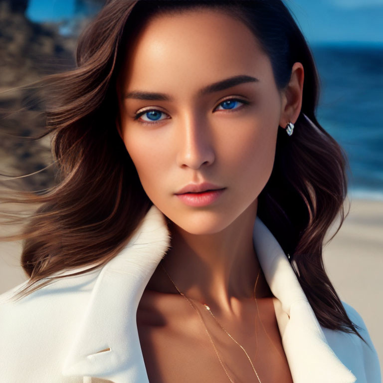 Brunette woman with blue eyes in white coat against beach backdrop