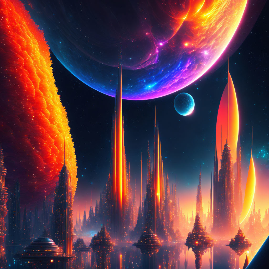 Futuristic cityscape with towering spires and cosmic sky