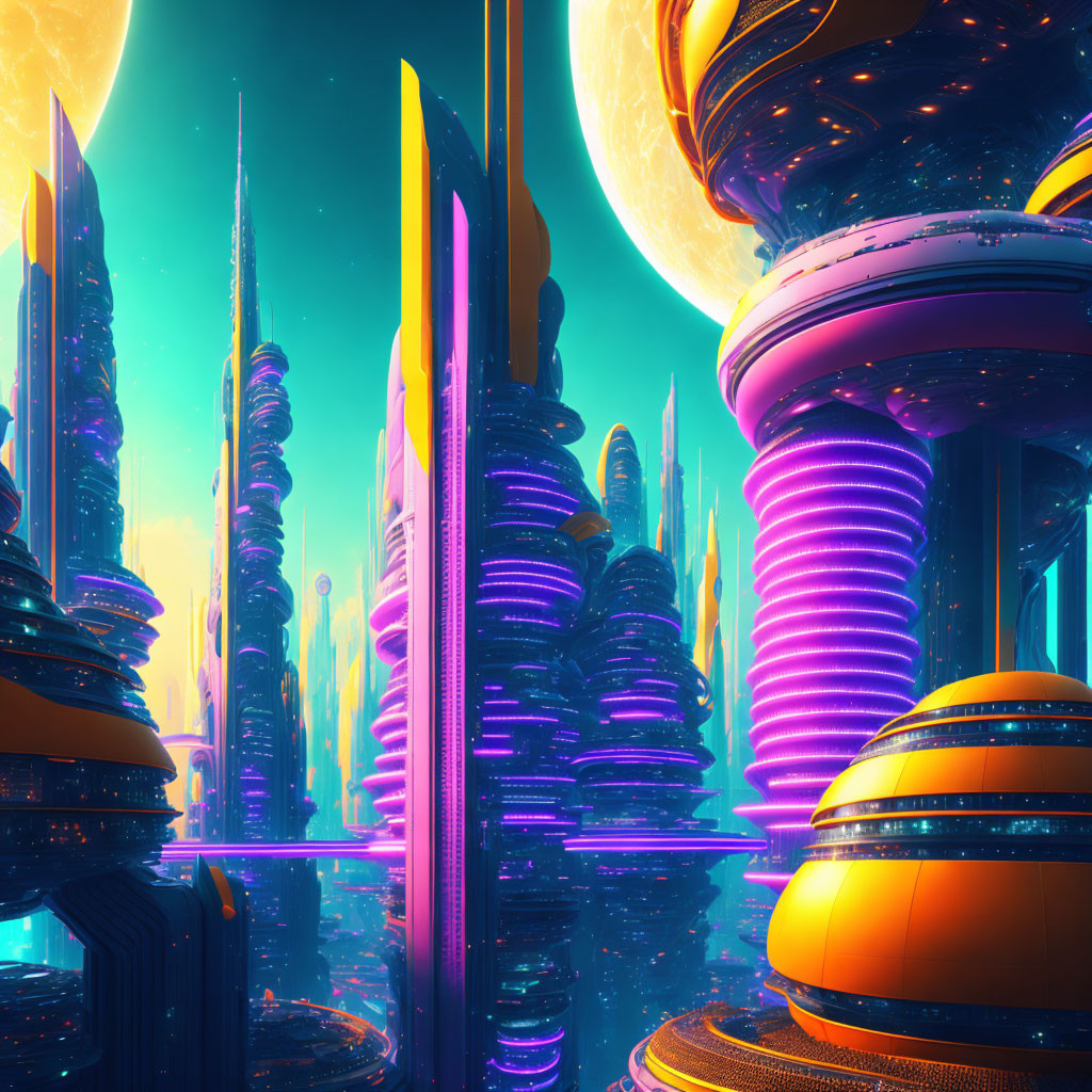 Futuristic cityscape with neon lights and alien sky.