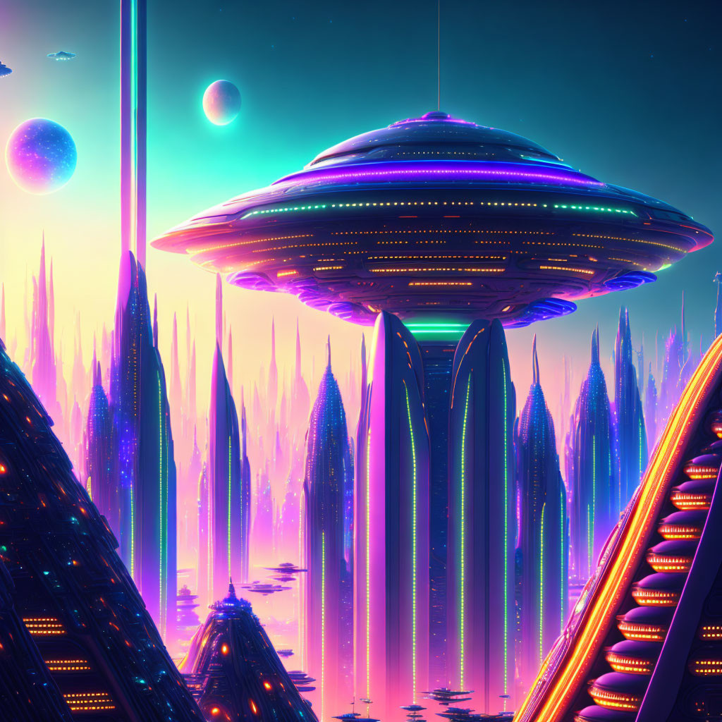 Sci-fi landscape with flying saucer, moons, and planet
