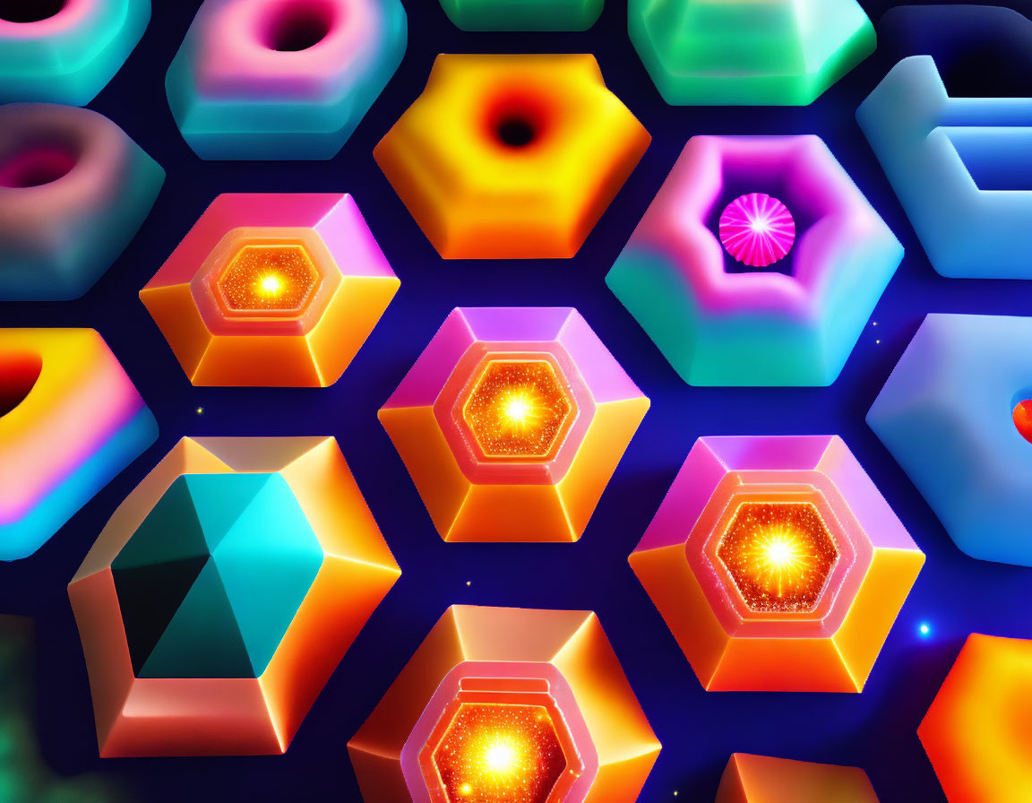 Colorful Neon Hexagonal Shapes on Dark Background