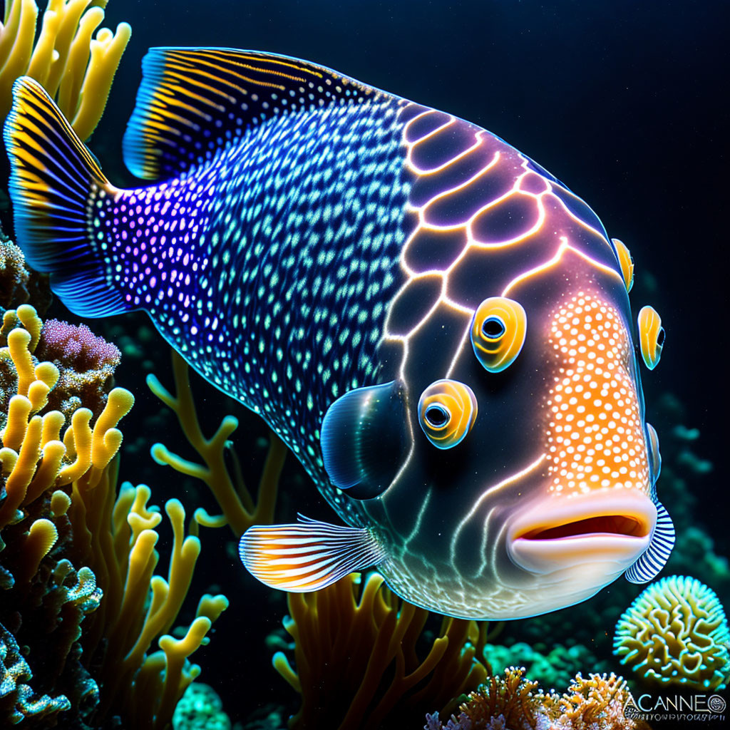 Colorful Clown Triggerfish Swims Among Coral in Clear Underwater Scene