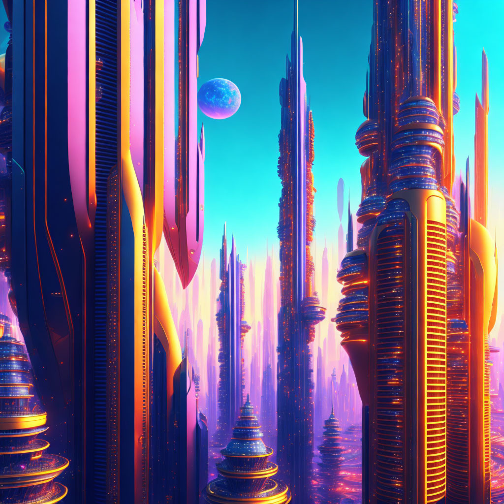 Futuristic city skyline under colorful moonlit sky