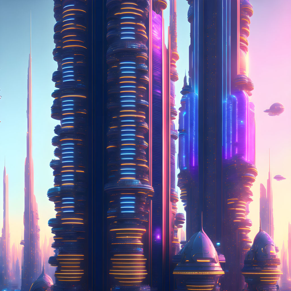 Futuristic cityscape with tall towers and flying vehicles at sunset