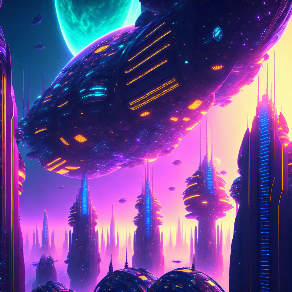 Sci-fi cityscape with neon-lit buildings, spaceship, and alien sky
