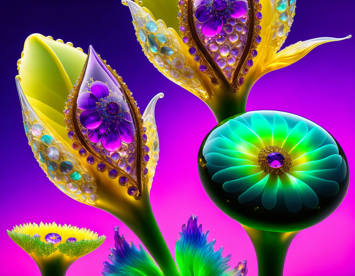 Colorful Jewel-Encrusted Flowers on Purple Background