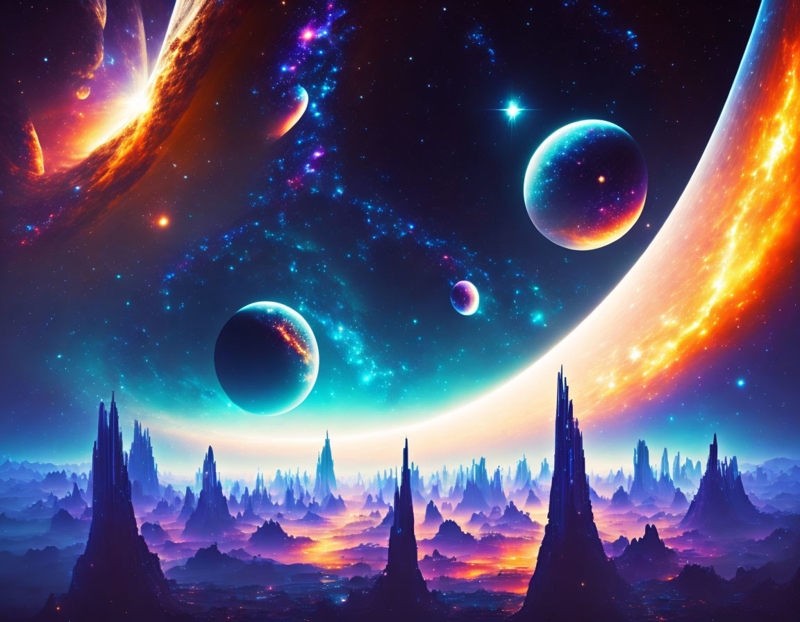 Colorful cosmic landscape with planets, nebula, stars, and alien terrain