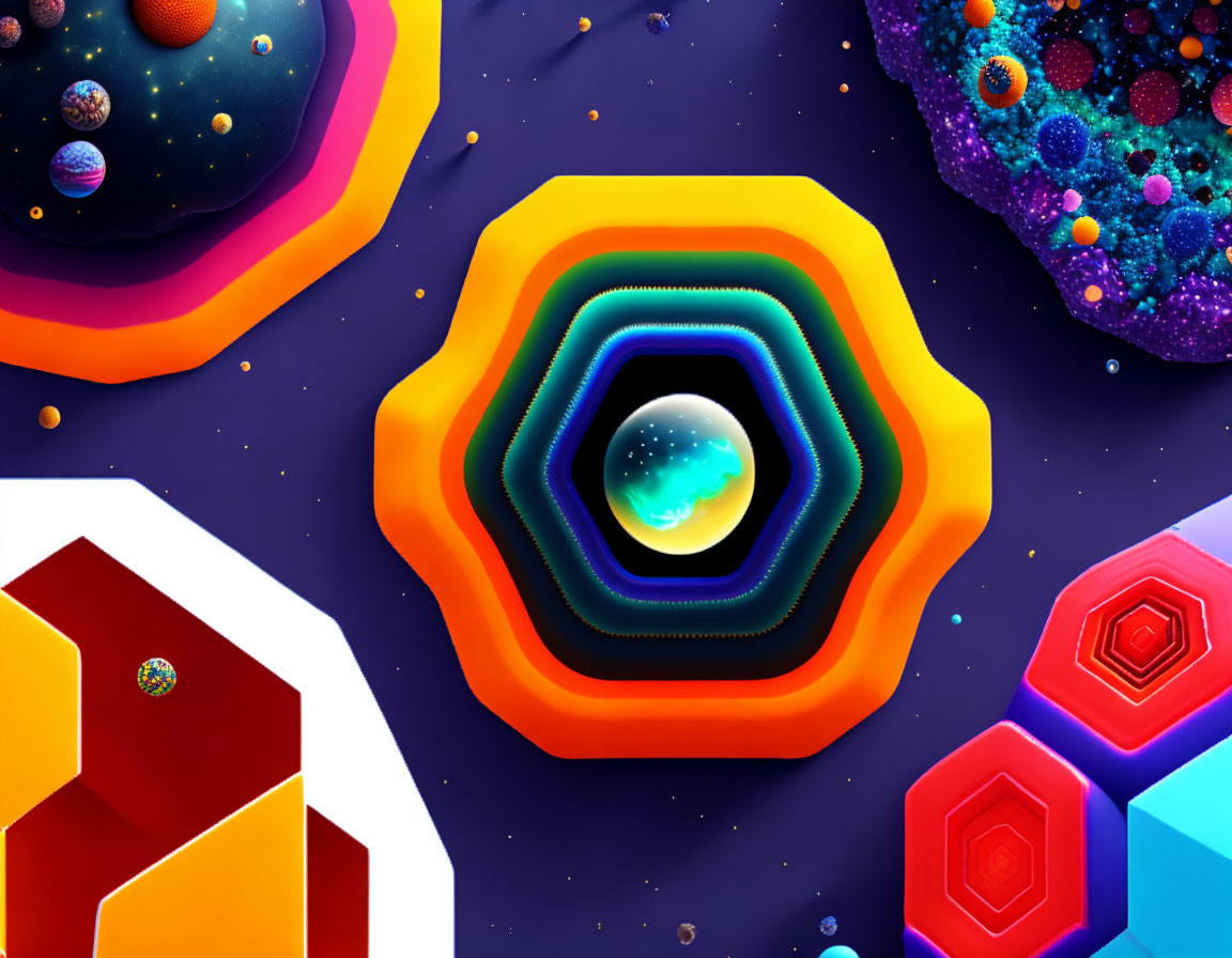 Colorful Digital Art: Celestial Body in Hexagonal Rings on Cosmic Background
