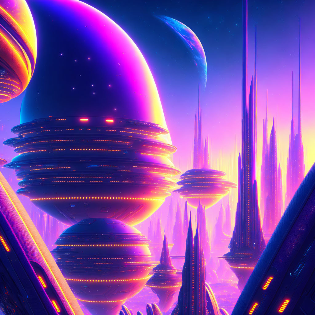 Futuristic cityscape with towering spires and floating orbs at dusk